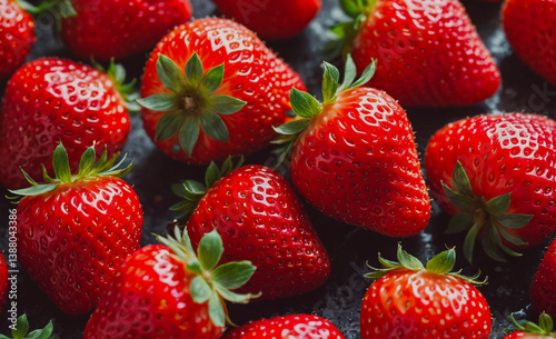 Bunch of red strawberries on a black surface. The strawberries are ripe and ready to eat. There are at least 12 strawberries in the bunch