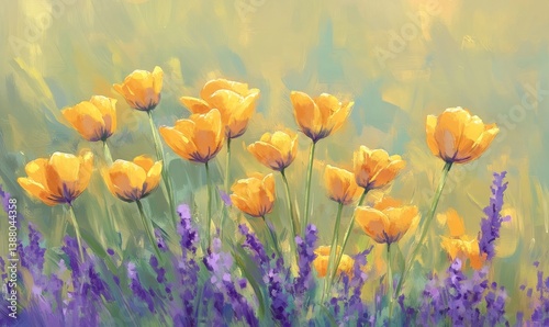 Vibrant yellow tulips blooming amongst purple lavender in a sunlit field.