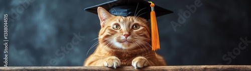 Orange cat in graduation cap smiling, humorous pet portrait, centered composition, clean background