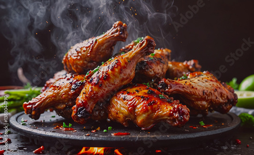 Plate of chicken wings with a lot of smoke coming from them. There are also some asparagus and limes on the plate