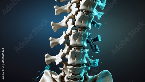Broken spine showing intervertebral discs crumbling under pressure