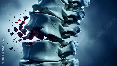 Damaged spinal disc exploding under pressure, showing vertebrae and discs