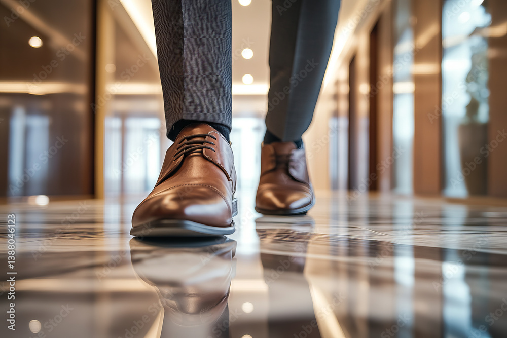 Fototapeta premium A low-angle view of a man in formal attire walking confidently down a modern office hallway, showcasing polished brown dress shoes and sleek trousers reflecting off the shiny marble floor.