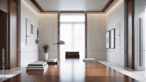 Modern office interior with desk, lamp, and books in upscale building