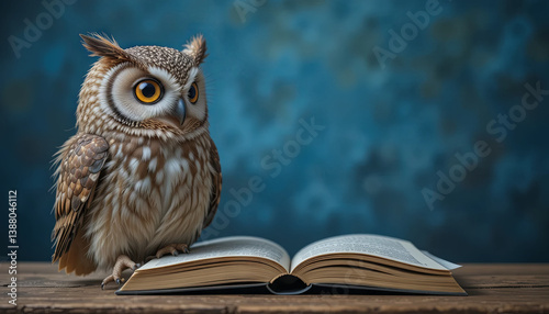 Wallpaper Mural An owl sits on an open book placed on a wooden table, bathed in soft evening light. The background features a calming blue hue, enhancing the serene ambiance Torontodigital.ca
