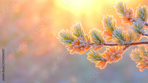 Sparkling Ice Crystals on Snow-Covered Tree Branch in Twilight Glow