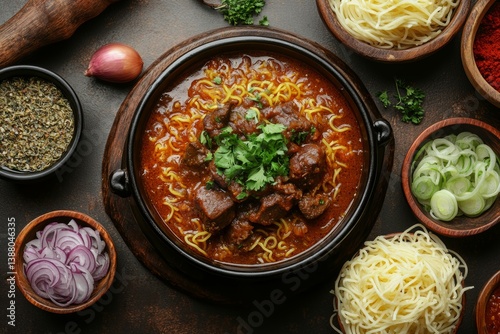 Beshbarmak features boiled meat with noodles, served in bowl with coriander. Concept of Beshbarmak highlights heartiness and tradition in culinary culture.