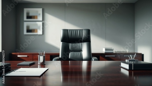 Modern office interior showing executive desk and leather chair