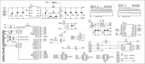 Schematic diagram of electronic device.
Vector technical drawing electrical circuit with 
microcontroller, resistor, capacitor,
integrated circuit, usb connector, diode,
transistor, other components.