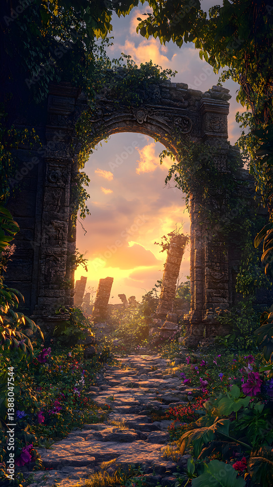 Obraz premium Twilight Reverie: The Enigmatic Beauty of Forgotten Stone and Nature's Embrace