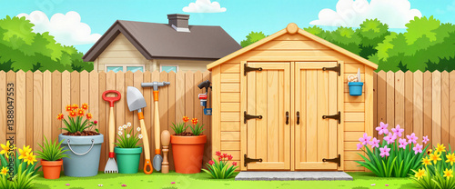 Cheerful garden shed with tools in vibrant backyard, outdoor leisure