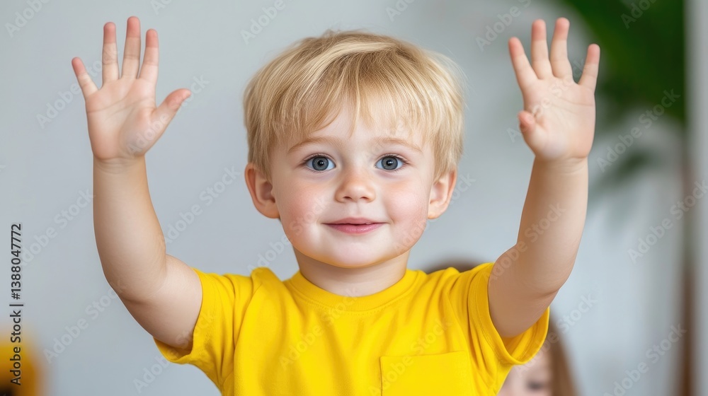 A toddler boy, with blond hair, raises both hands. He wears a bright yellow t-shirt. The photo is well-lit, high-resolution, and features a blurred background. The style is cheerful and candid. Warm A toddler boy, with blond hair, raises both hands. He wears a bright yellow t-shirt. The photo is well-lit, high-resolution, and features a blurred background. The style is cheerful and candid. Warm
