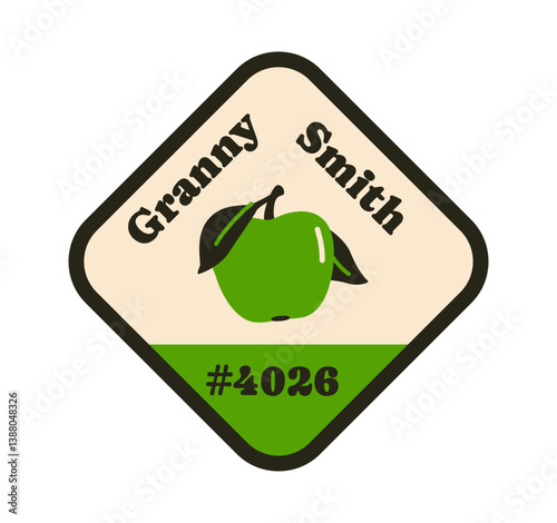 Green Granny Smith apple sticker with text and number on a diamond-shaped badge, flat cartoon style on white background. Concept of fruit labeling. Vector illustration
