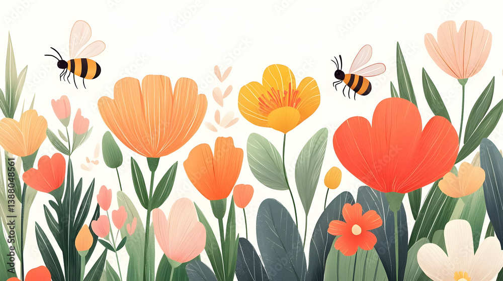 Vibrant Floral Background with Bees and Petals for UI Design Elements Vibrant Floral Background with Bees and Petals for UI Design Elements