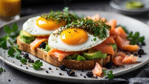 Two pieces of whole grain toast topped with slices of avocado