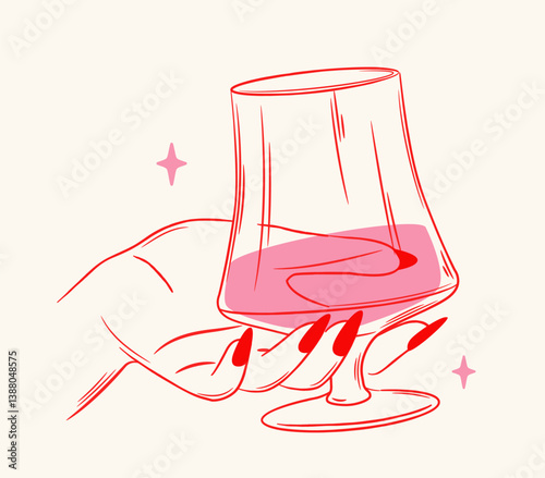 Female hand with red nails holds a wine glass filled with pink liquid, drawn in flat cartoon style on light background. Concept of elegance and celebration. Vector illustration