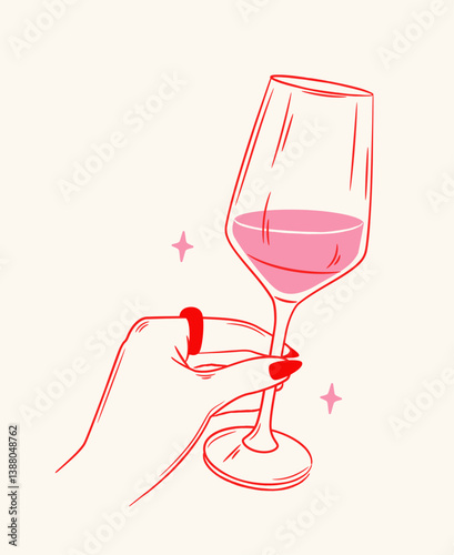 Female hand with red nails holding a wine glass with pink liquid, flat cartoon style on light background, concept of elegance and celebration. Vector illustration