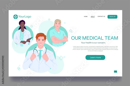 Group of diverse doctors and nurses in medical uniforms on a healthcare website layout, flat cartoon style on white background. Concept of medical professionals. Vector illustration