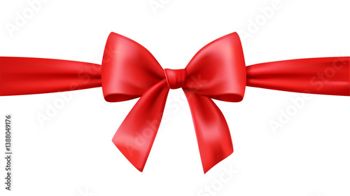 Decorative red ribbon bow tied in the center with flowing ribbon ends, realistic style on a clean white background. Concept of celebration and gift decoration. Vector illustration