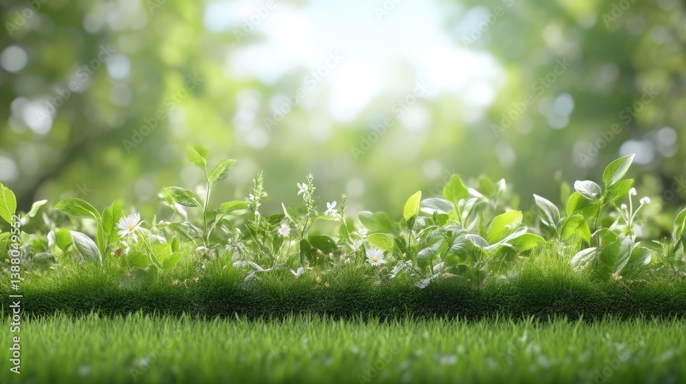 Lush green grass and plants border with sunlight Lush green grass and plants border with sunlight