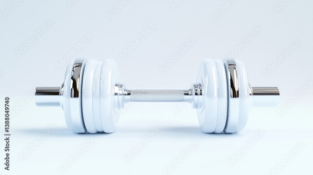 A chrome barbell with white plates is shown. It rests horizontally on a light blue background. The image is clean and simple, with even lighting. The style is minimalist and modern. The colors are A chrome barbell with white plates is shown. It rests horizontally on a light blue background. The image is clean and simple, with even lighting. The style is minimalist and modern. The colors are