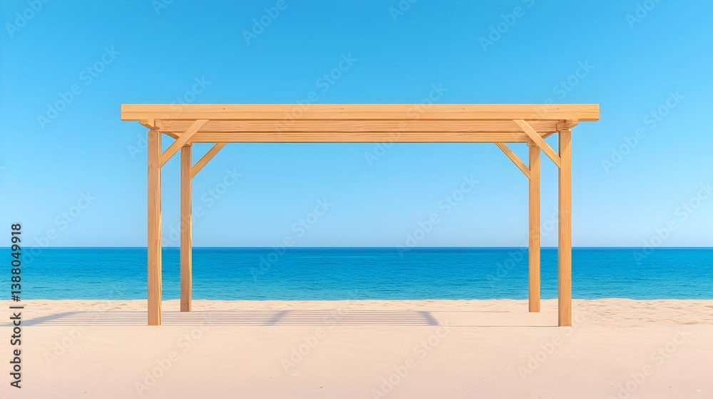 Fototapeta premium Tranquil Tropical Beach with Empty Wooden Structure Under Clear Sky