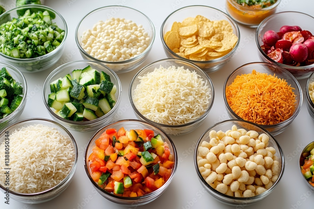 Image shows Bhel Puri served on white table, showcasing Indian street snack. Concept of Bhel Puri highlights vibrant flavors, ingredients, and cultural significance.