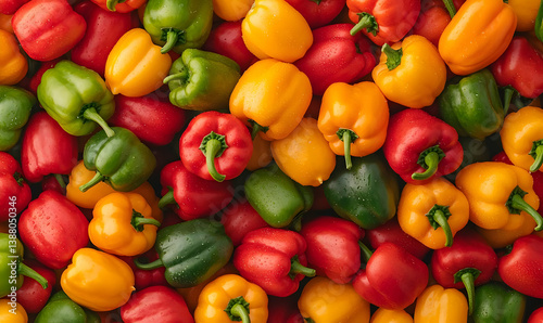Vibrant Mix of Red, Yellow, and Green Peppers on a Wooden Surface