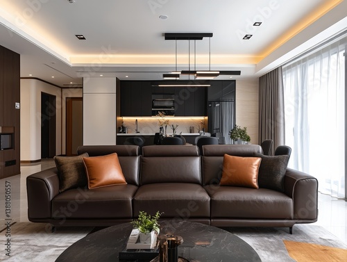 Luxury House Apartment Interior Living Room Minimalist Design Brown Sofa Premium Center Table Kitchen Dining Table with Chair
