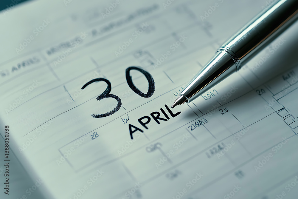 April 30th marked on a calendar with a pen, April 30th marked on a calendar with a pen,