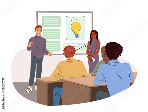 Group of students presenting a project with charts and lightbulb graphic to classmates in a classroom setting, cartoon style on white background. Concept of education. Vector illustration