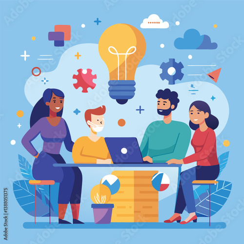 Creative Brainstorming Session Concept – Flat Style Vector of Business Team Discussing Ideas with Puzzle Lightbulb Symbolizing Innovation