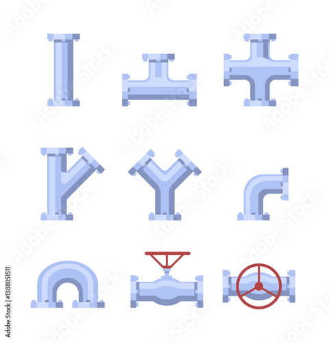 Various plumbing pipe fittings in flat cartoon style, including T-joints, elbows, and valves, displayed on white background. Concept of plumbing system. Vector illustration