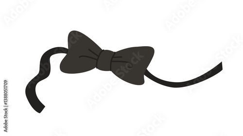 Black bow tie with strap in flat cartoon style, shown on white background. Concept of fashion accessory or formal attire. Vector illustration