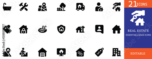 This Real Estate Essentials  icon set features 21 high-quality solid black vector icons. Each icon is designed in a minimalist style, suitable for real estate businesses, property management