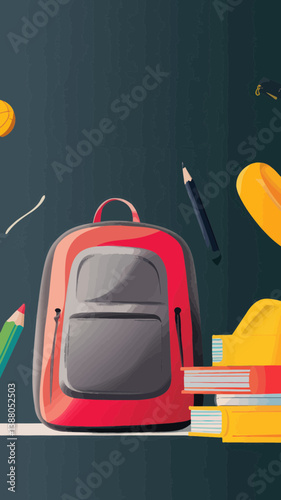 Welcome Back to School Minimalist Vector Banner with Backpack and Supplies