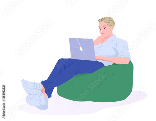 Young man sitting on a green bean bag chair, using a laptop and thinking, flat cartoon vector style, isolated on white background, concept of remote work. Vector illustration