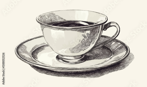 Vintage Cup and Saucer Ink Sketch Vector Illustration for Minimalist Design