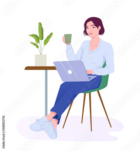 Woman sitting on chair with laptop on lap, holding coffee cup near table with plant, flat cartoon style on white background. Concept of remote work. Vector illustration