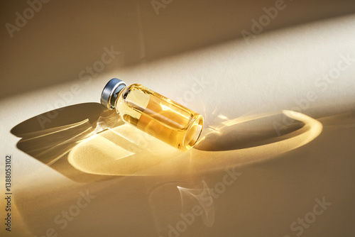 Bild auf Leinwand Injection vial with medicinal product in sunlight on beige background
