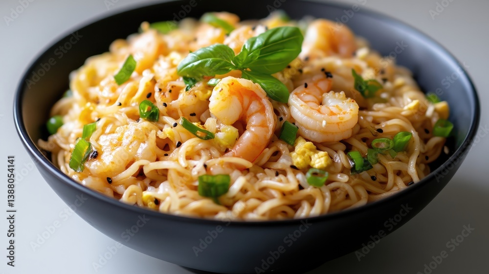 A delicious bowl of shrimp ramen noodles is shown. The noodles are tossed with shrimp, egg, and scallions. A sprig of basil tops the dish. The image is well-lit, high-quality, and features a shallow A delicious bowl of shrimp ramen noodles is shown. The noodles are tossed with shrimp, egg, and scallions. A sprig of basil tops the dish. The image is well-lit, high-quality, and features a shallow