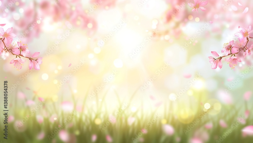 Spring background with blurred nature, grass, and blooming cherry blossoms on the edges, sunlight Spring background with blurred nature, grass, and blooming cherry blossoms on the edges, sunlight