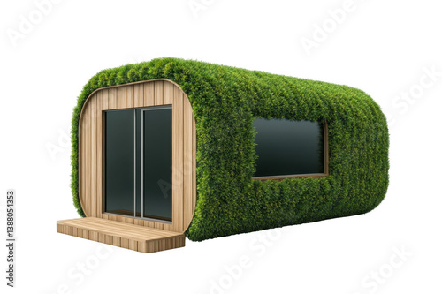 Eco-friendly capsule hotel covered in green grass on transparent background