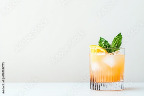 single glass of vibrant cocktail garnished with slice of citrus and sprig of mint sits against stark white background