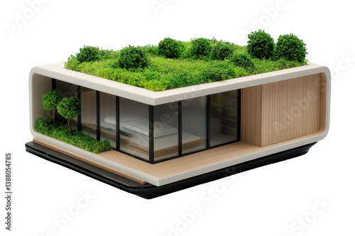 Modern eco-friendly house showcasing sustainable architecture and green roof design on a transparent background