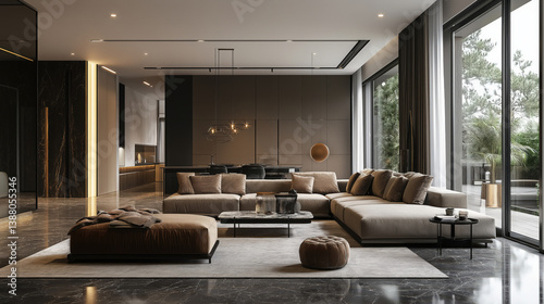 Luxury House Apartment Interior Living Room Minimalist Designer Sofa Premium Center Table Full Glass Window 