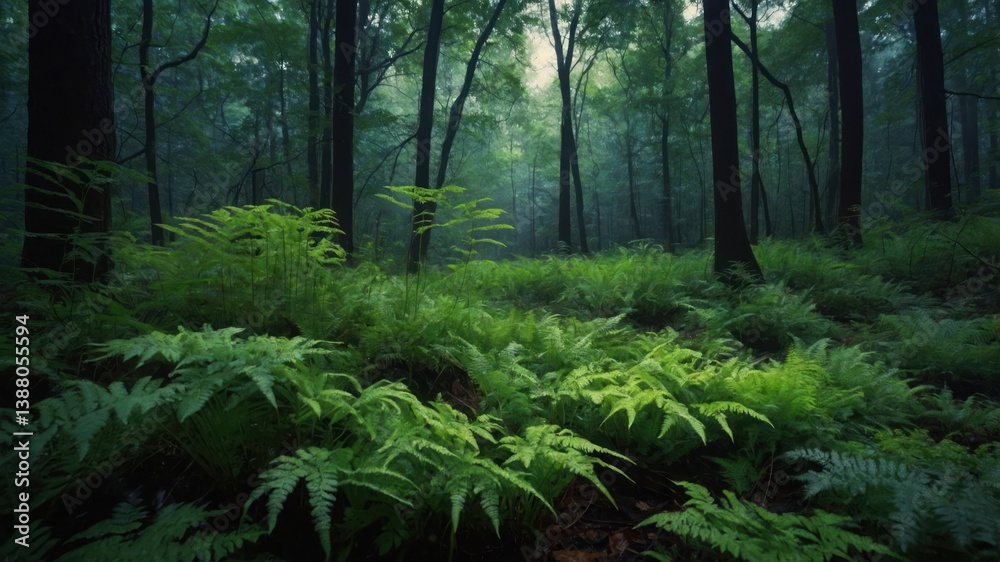 Naklejka premium Lush green ferns in a serene forest setting, capturing the tranquility of nature.