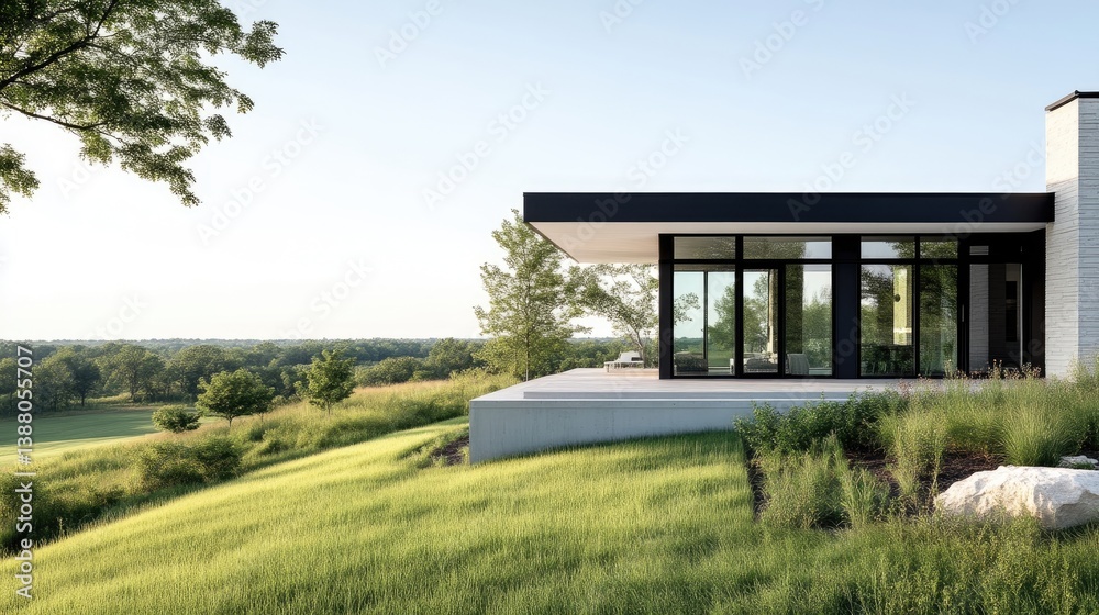 A modern house with large windows and a flat roof sits on a grassy hill. The home features clean lines and a minimalist design. The image is high-resolution, with natural light illuminating the scen A modern house with large windows and a flat roof sits on a grassy hill. The home features clean lines and a minimalist design. The image is high-resolution, with natural light illuminating the scen