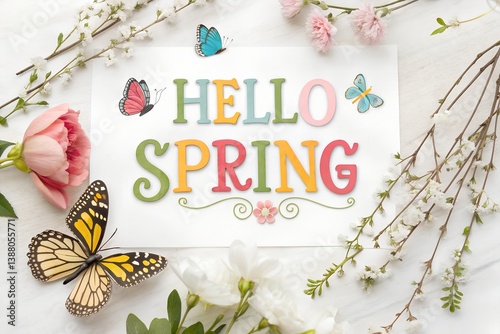 Spring greeting typography with fresh bloom flowers and butterfly elements text Hello spring  banner poster