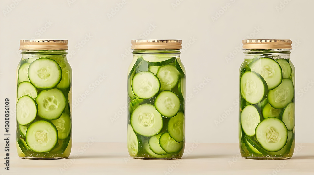 Fresh Sliced Cucumbers in Glass Jars Preserved with Olive Brine Fresh Sliced Cucumbers in Glass Jars Preserved with Olive Brine